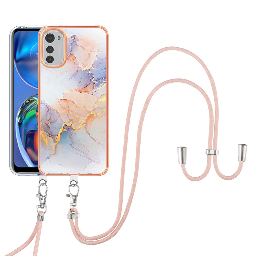 YB IMD Series-4 TPU Phone Case for Motorola Moto E32 4G , Electroplated Marble Flower Pattern IMD Cover with Lanyard - Milky Way Marble White