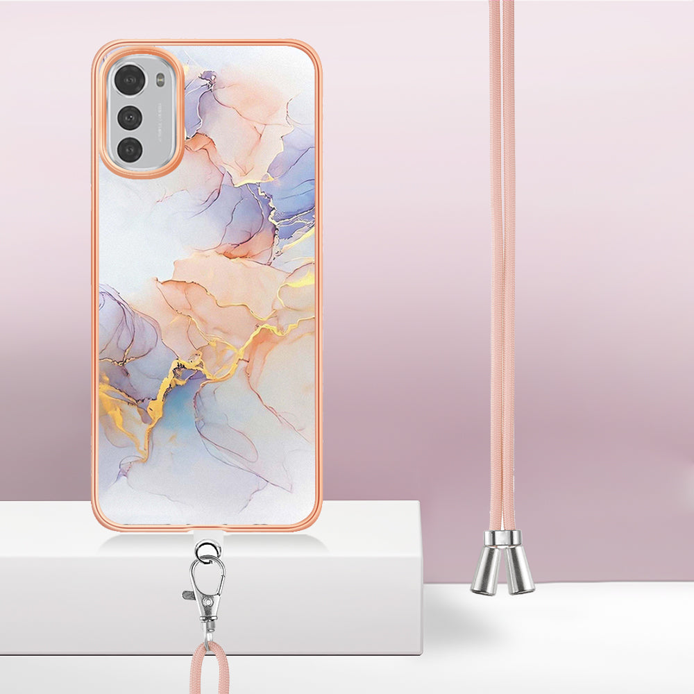 YB IMD Series-4 TPU Phone Case for Motorola Moto E32 4G , Electroplated Marble Flower Pattern IMD Cover with Lanyard - Milky Way Marble White