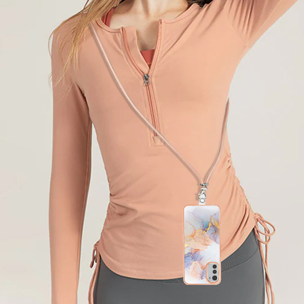 YB IMD Series-4 TPU Phone Case for Motorola Moto E32 4G , Electroplated Marble Flower Pattern IMD Cover with Lanyard - Milky Way Marble White