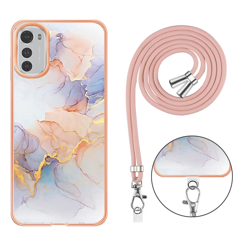 YB IMD Series-4 TPU Phone Case for Motorola Moto E32 4G , Electroplated Marble Flower Pattern IMD Cover with Lanyard - Milky Way Marble White