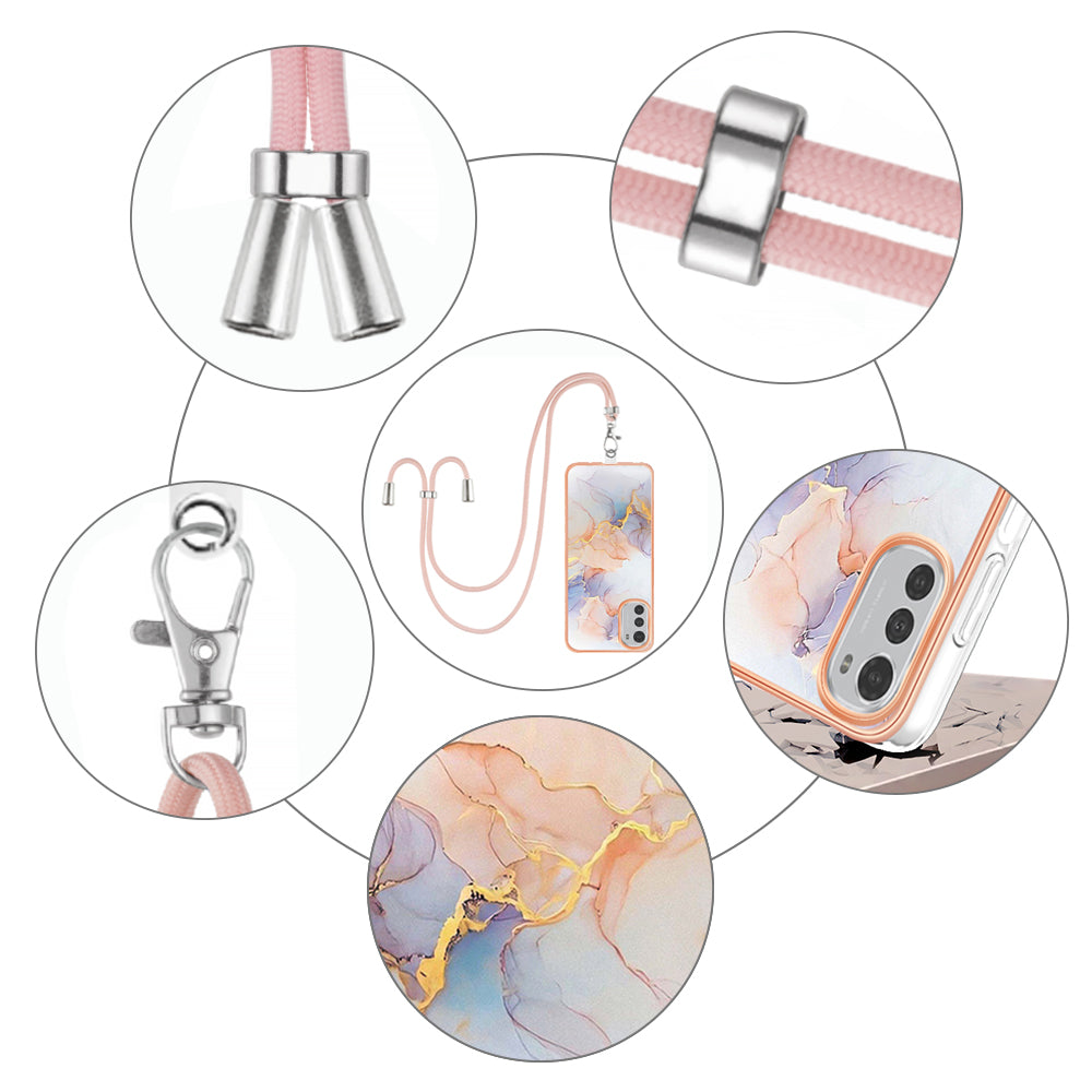 YB IMD Series-4 TPU Phone Case for Motorola Moto E32 4G , Electroplated Marble Flower Pattern IMD Cover with Lanyard - Milky Way Marble White