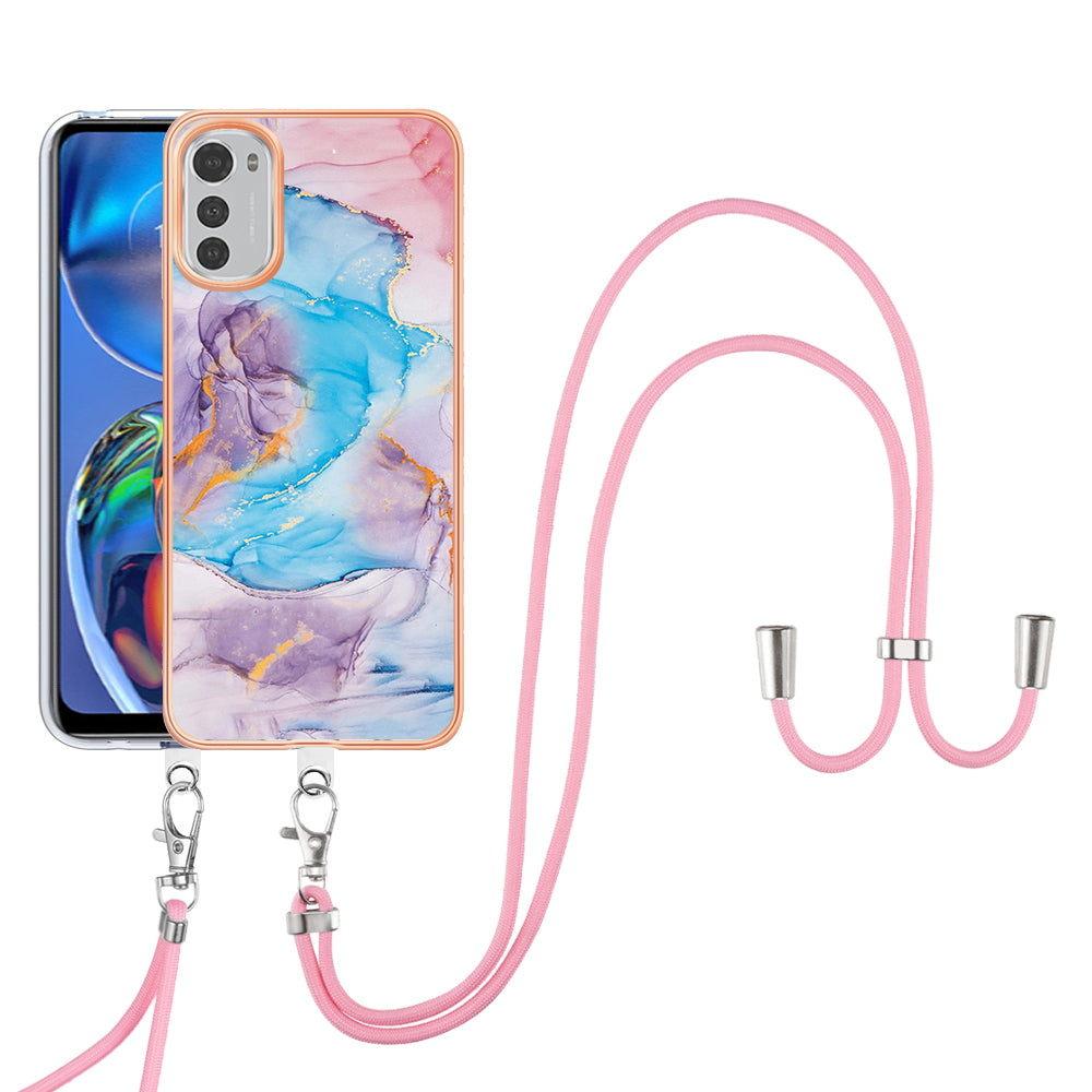 YB IMD Series-4 TPU Phone Case for Motorola Moto E32 4G , Electroplated Marble Flower Pattern IMD Cover with Lanyard - Milky Way Marble Blue