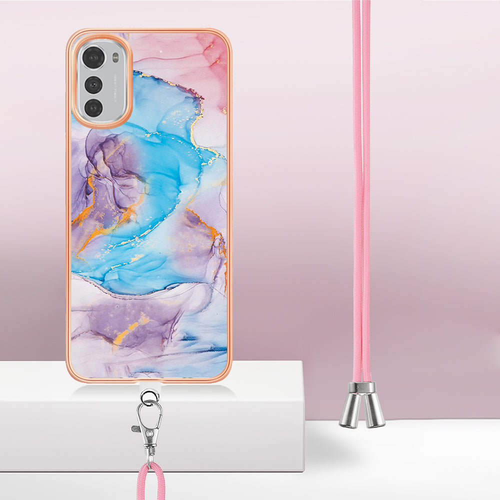 YB IMD Series-4 TPU Phone Case for Motorola Moto E32 4G , Electroplated Marble Flower Pattern IMD Cover with Lanyard - Milky Way Marble Blue