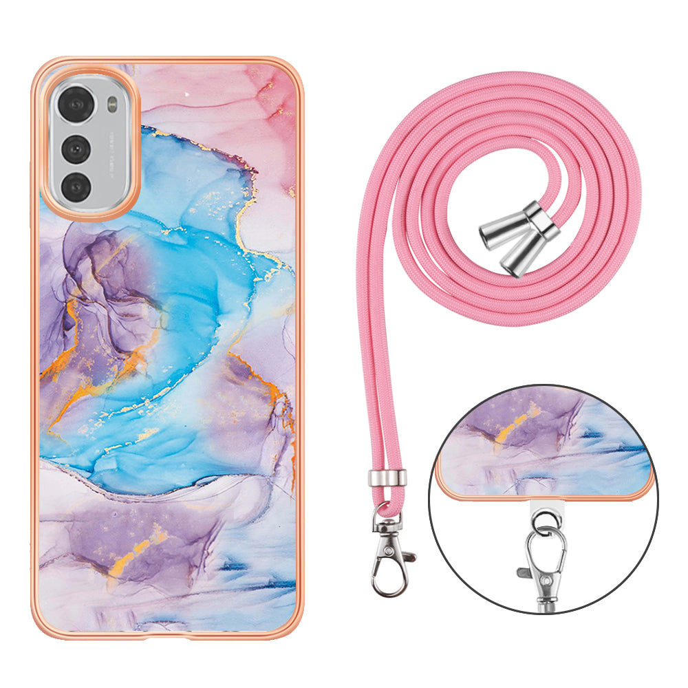 YB IMD Series-4 TPU Phone Case for Motorola Moto E32 4G , Electroplated Marble Flower Pattern IMD Cover with Lanyard - Milky Way Marble Blue