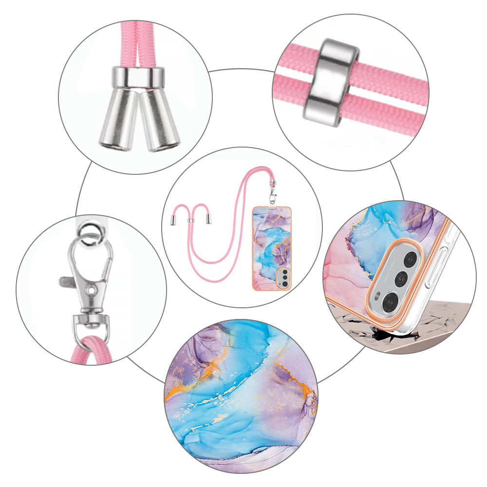 YB IMD Series-4 TPU Phone Case for Motorola Moto E32 4G , Electroplated Marble Flower Pattern IMD Cover with Lanyard - Milky Way Marble Blue