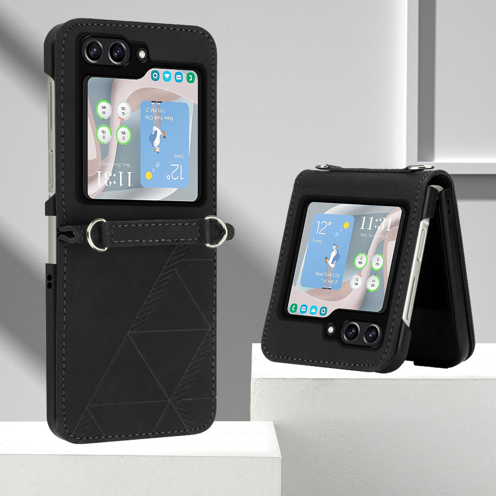 YB Imprinting Series-1 for Samsung Galaxy Z Flip5 5G PU Leather Phone Case Imprinted Phone Protective Cover - Black