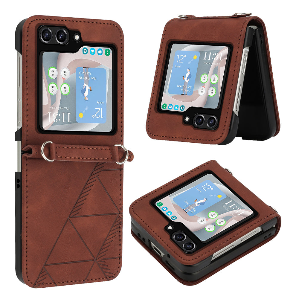 YB Imprinting Series-1 for Samsung Galaxy Z Flip5 5G PU Leather Phone Case Imprinted Phone Protective Cover - Brown