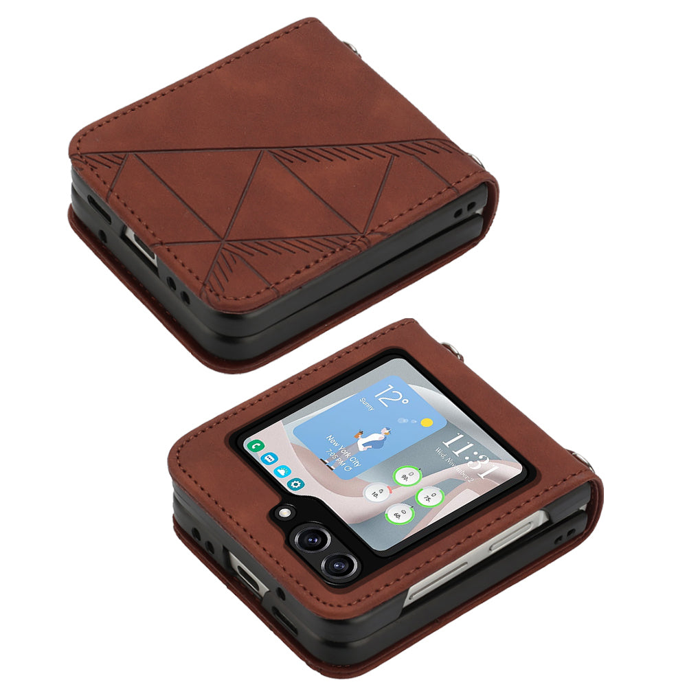 YB Imprinting Series-1 for Samsung Galaxy Z Flip5 5G PU Leather Phone Case Imprinted Phone Protective Cover - Brown