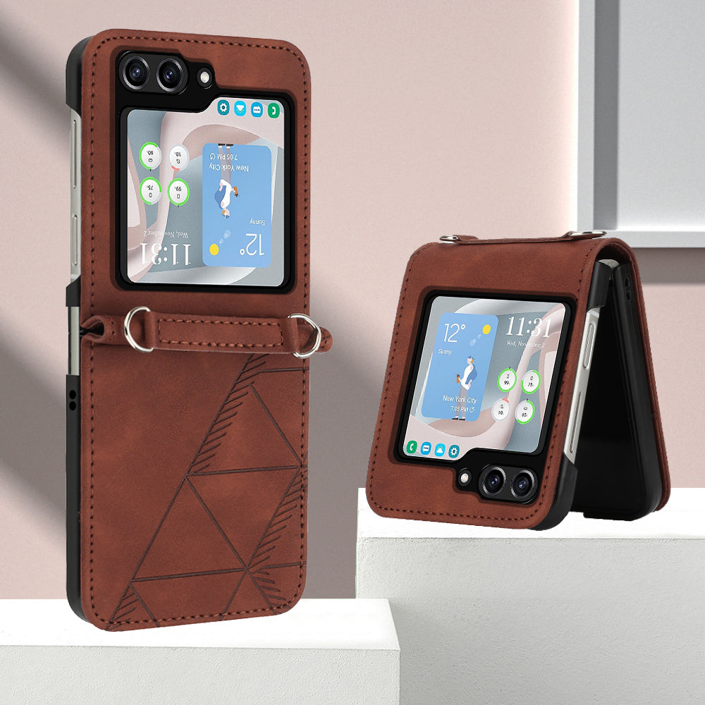 YB Imprinting Series-1 for Samsung Galaxy Z Flip5 5G PU Leather Phone Case Imprinted Phone Protective Cover - Brown