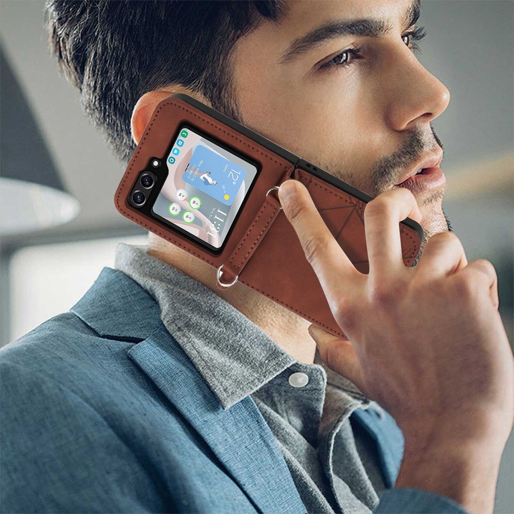 YB Imprinting Series-1 for Samsung Galaxy Z Flip5 5G PU Leather Phone Case Imprinted Phone Protective Cover - Brown