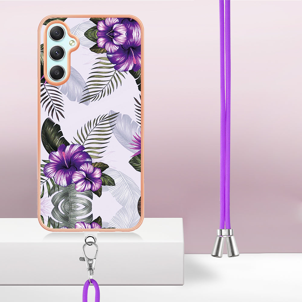 YB IMD Series-4 for Samsung Galaxy A24 4G Marble Flower Pattern Phone Case IMD TPU Electroplated Cover with Lanyard - Purple Flowers