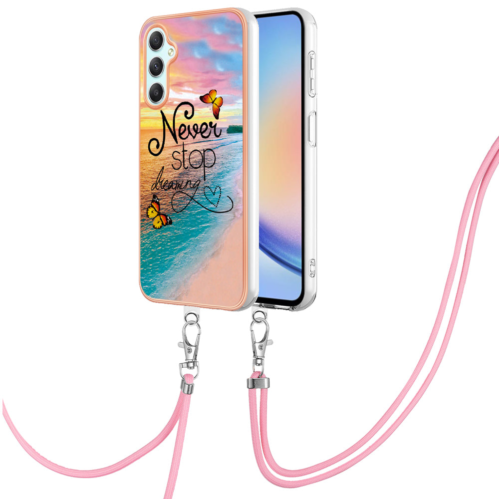YB IMD Series-4 for Samsung Galaxy A24 4G Marble Flower Pattern Phone Case IMD TPU Electroplated Cover with Lanyard - Never Stop Dreaming