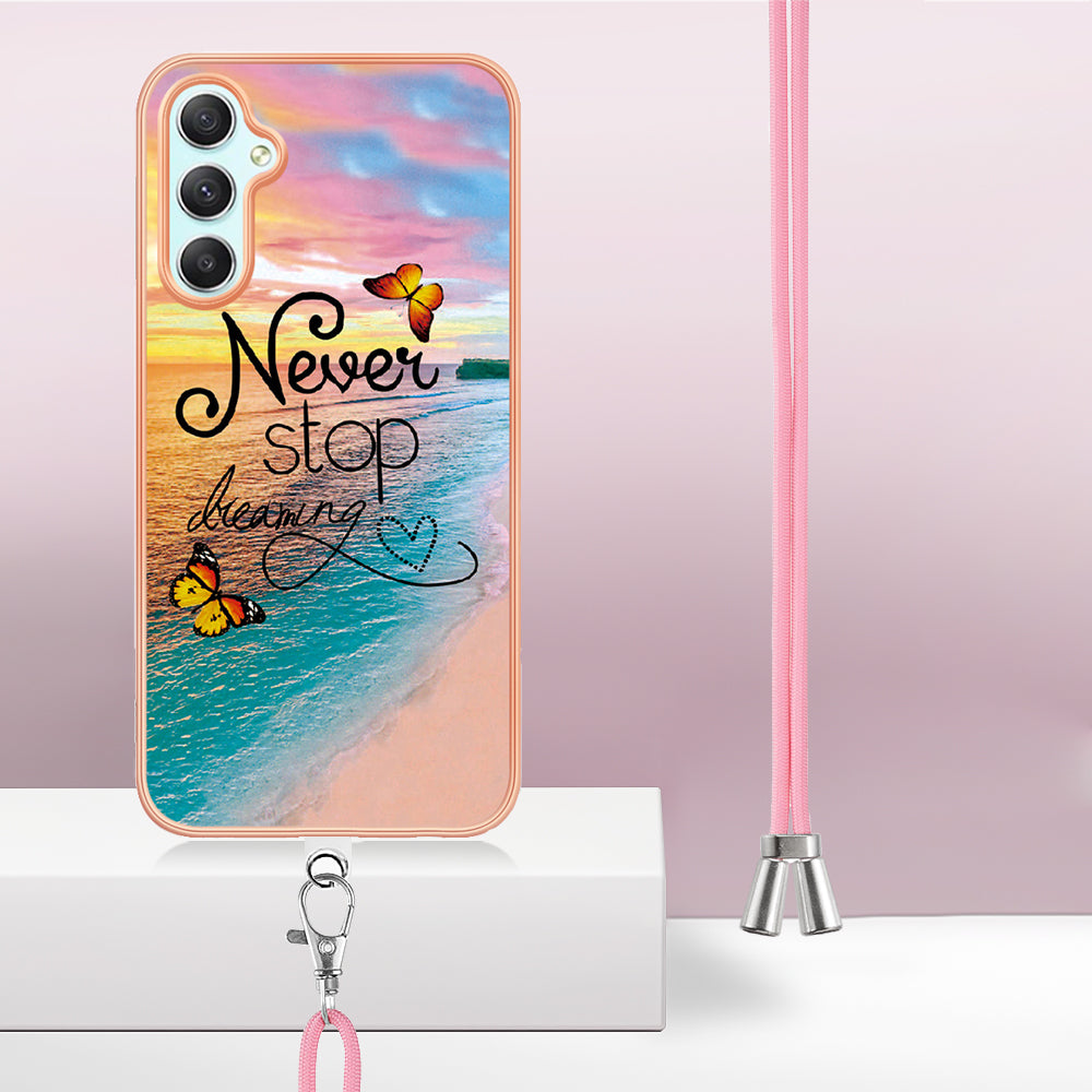 YB IMD Series-4 for Samsung Galaxy A24 4G Marble Flower Pattern Phone Case IMD TPU Electroplated Cover with Lanyard - Never Stop Dreaming