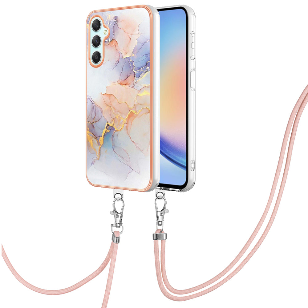 YB IMD Series-4 for Samsung Galaxy A24 4G Marble Flower Pattern Phone Case IMD TPU Electroplated Cover with Lanyard - Milky Way Marble White