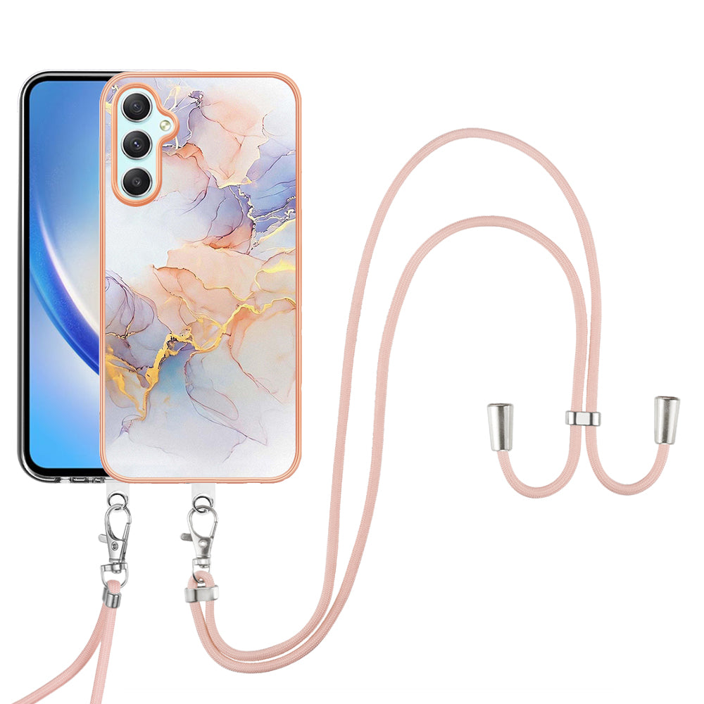 YB IMD Series-4 for Samsung Galaxy A24 4G Marble Flower Pattern Phone Case IMD TPU Electroplated Cover with Lanyard - Milky Way Marble White