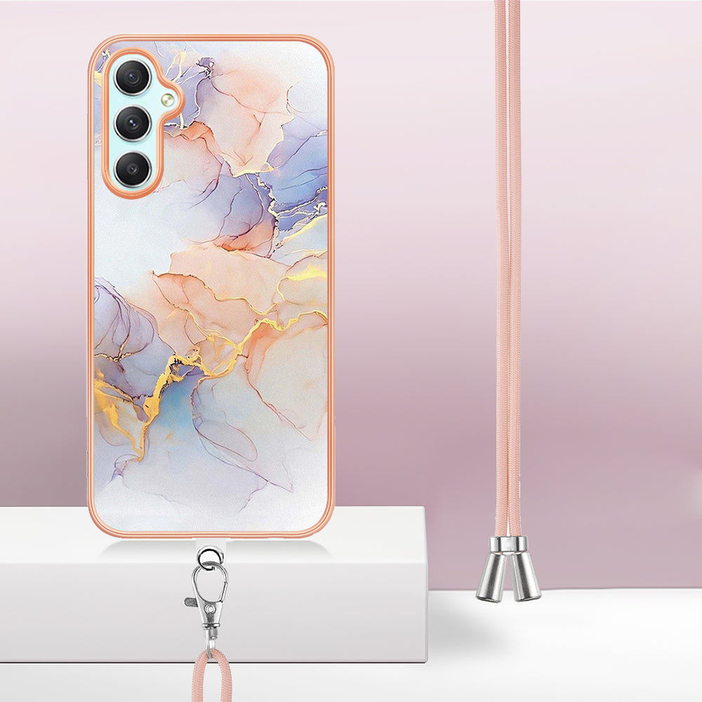 YB IMD Series-4 for Samsung Galaxy A24 4G Marble Flower Pattern Phone Case IMD TPU Electroplated Cover with Lanyard - Milky Way Marble White
