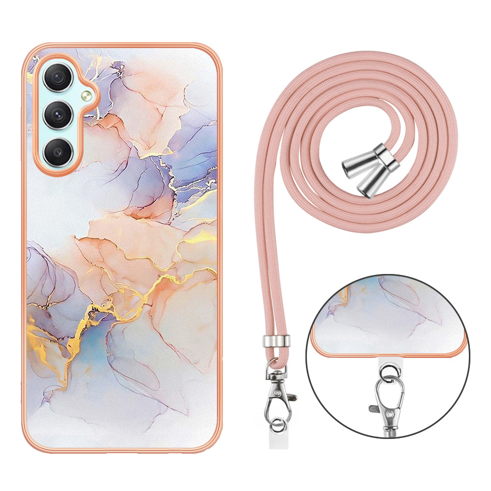 YB IMD Series-4 for Samsung Galaxy A24 4G Marble Flower Pattern Phone Case IMD TPU Electroplated Cover with Lanyard - Milky Way Marble White