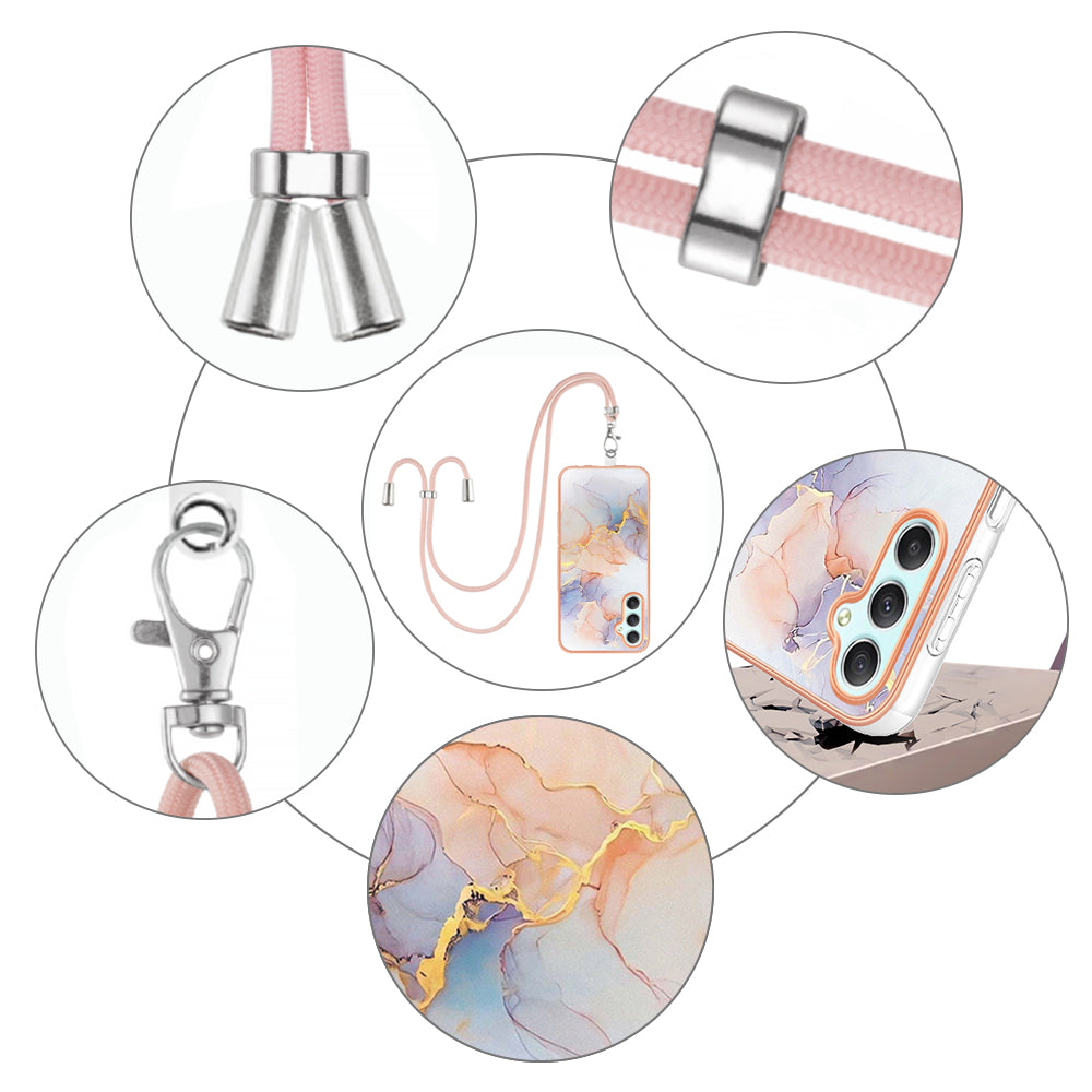 YB IMD Series-4 for Samsung Galaxy A24 4G Marble Flower Pattern Phone Case IMD TPU Electroplated Cover with Lanyard - Milky Way Marble White