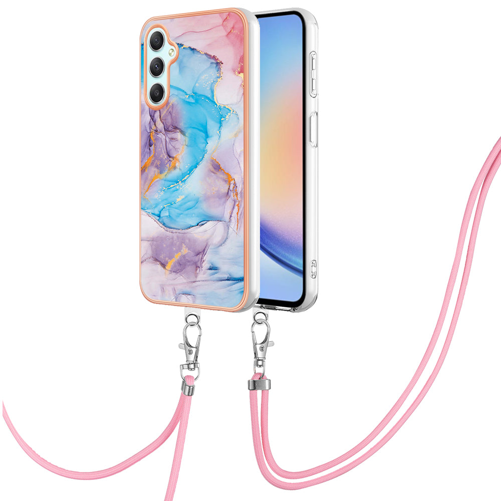 YB IMD Series-4 for Samsung Galaxy A24 4G Marble Flower Pattern Phone Case IMD TPU Electroplated Cover with Lanyard - Milky Way Marble Blue