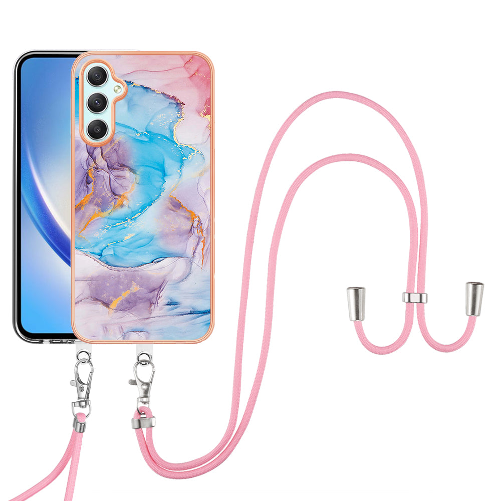 YB IMD Series-4 for Samsung Galaxy A24 4G Marble Flower Pattern Phone Case IMD TPU Electroplated Cover with Lanyard - Milky Way Marble Blue