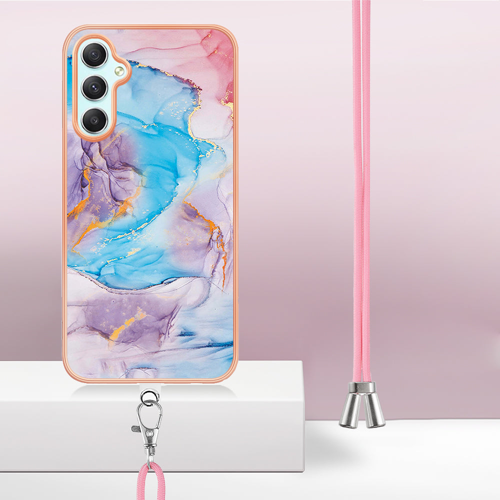 YB IMD Series-4 for Samsung Galaxy A24 4G Marble Flower Pattern Phone Case IMD TPU Electroplated Cover with Lanyard - Milky Way Marble Blue