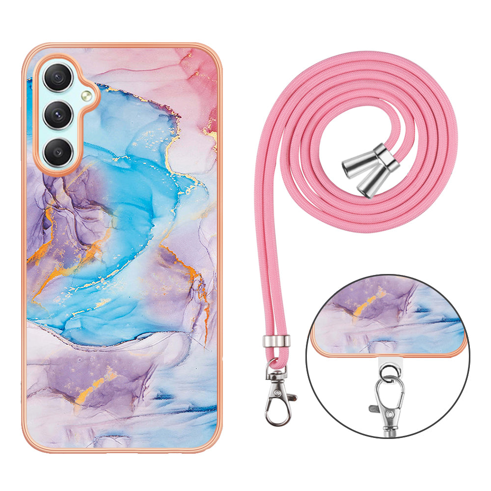 YB IMD Series-4 for Samsung Galaxy A24 4G Marble Flower Pattern Phone Case IMD TPU Electroplated Cover with Lanyard - Milky Way Marble Blue