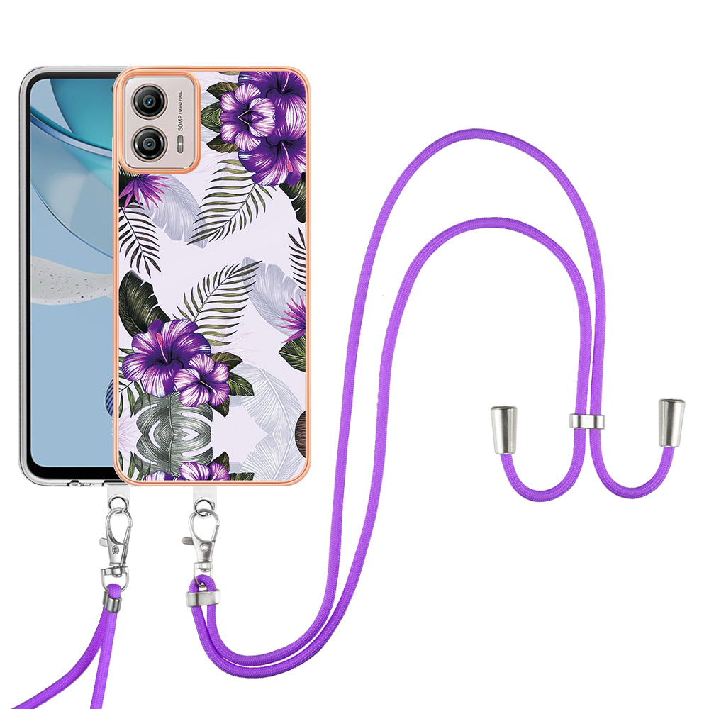 YB IMD Series-4 for Motorola Moto G53 5G / G13 4G Electroplating Case IMD Marble Flower Pattern TPU Phone Cover with Lanyard - Purple Flowers