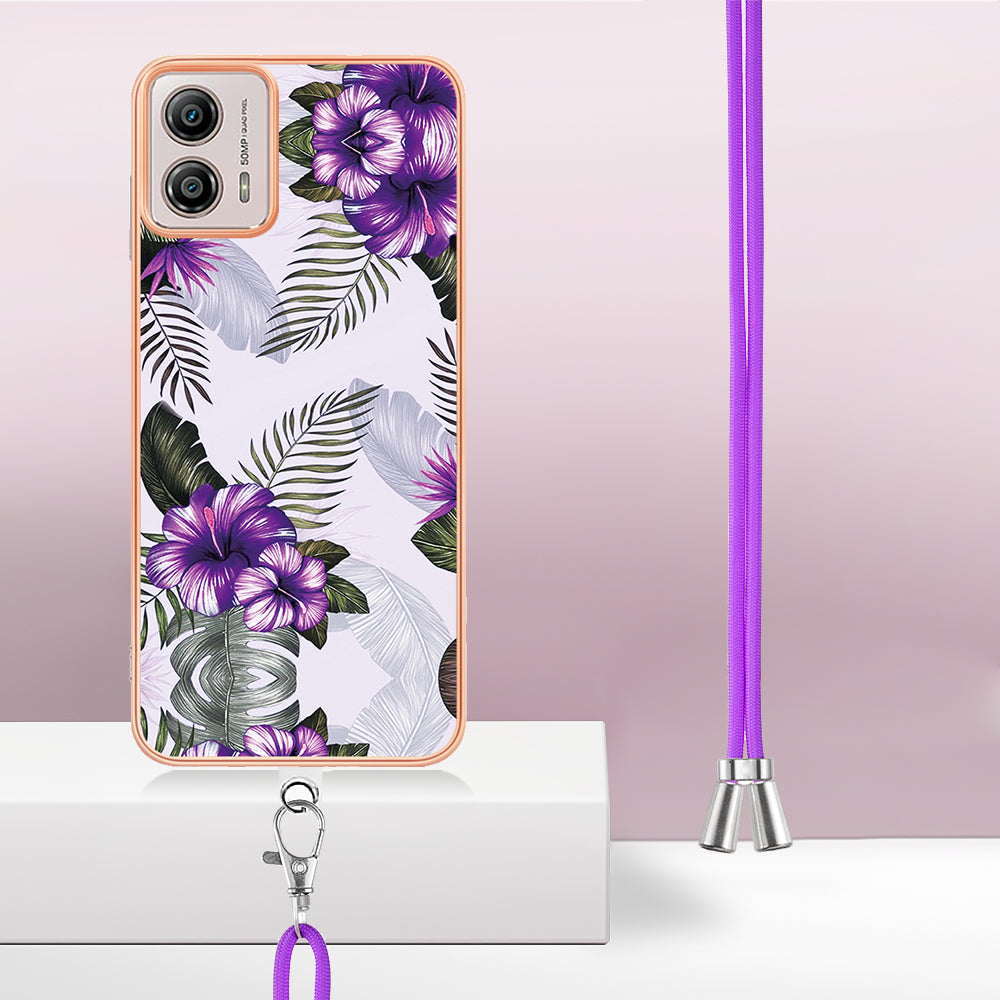 YB IMD Series-4 for Motorola Moto G53 5G / G13 4G Electroplating Case IMD Marble Flower Pattern TPU Phone Cover with Lanyard - Purple Flowers