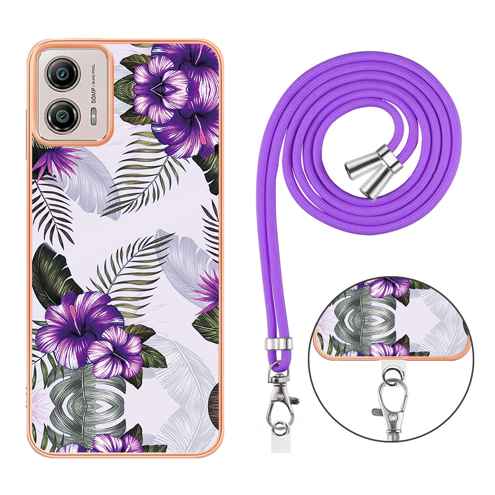 YB IMD Series-4 for Motorola Moto G53 5G / G13 4G Electroplating Case IMD Marble Flower Pattern TPU Phone Cover with Lanyard - Purple Flowers