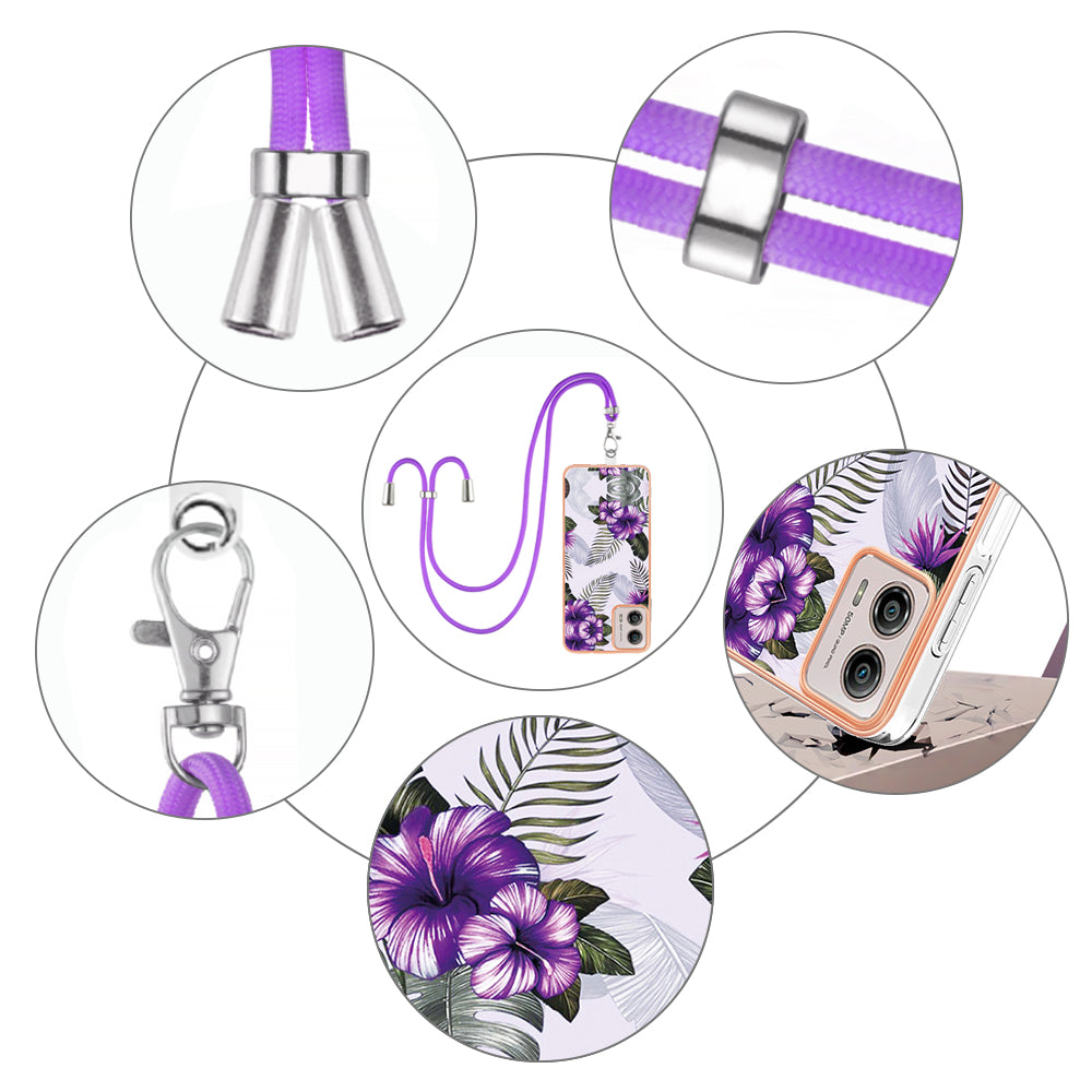 YB IMD Series-4 for Motorola Moto G53 5G / G13 4G Electroplating Case IMD Marble Flower Pattern TPU Phone Cover with Lanyard - Purple Flowers