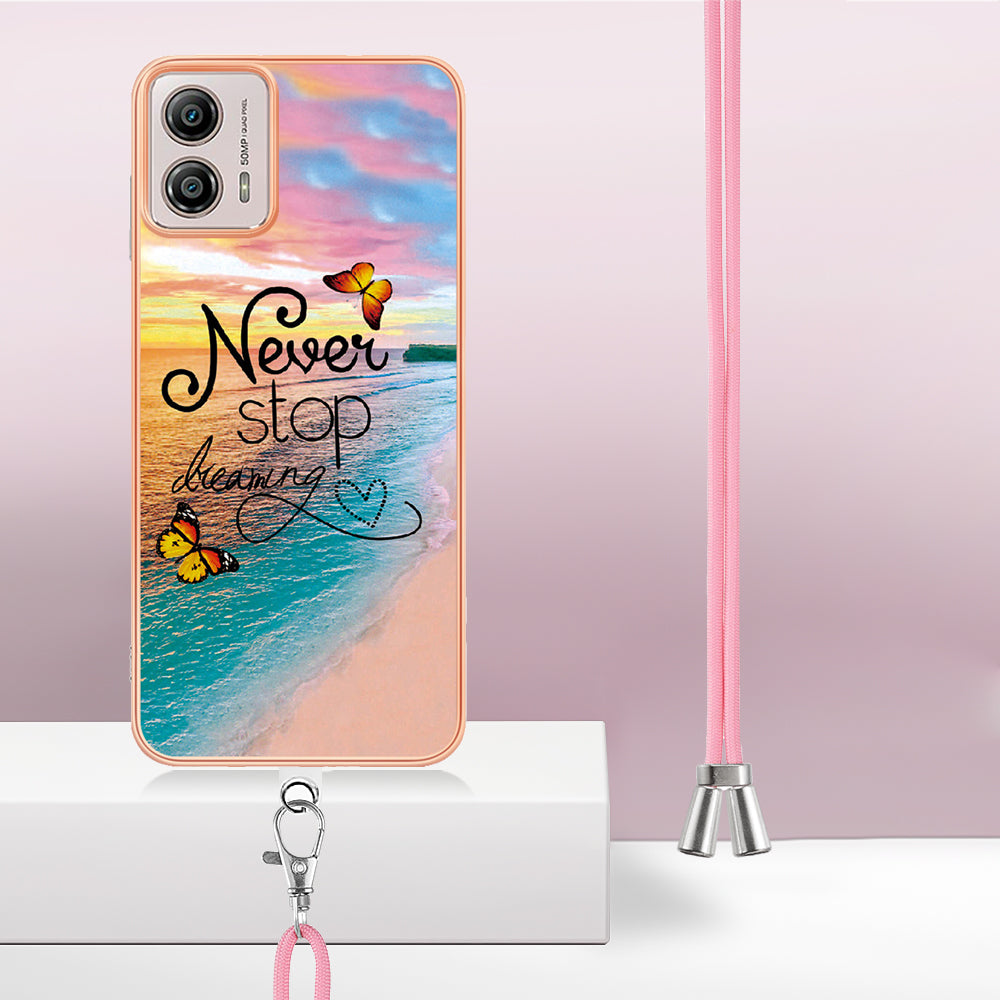 YB IMD Series-4 for Motorola Moto G53 5G / G13 4G Electroplating Case IMD Marble Flower Pattern TPU Phone Cover with Lanyard - Never Stop Dreaming