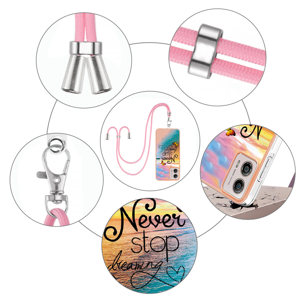 YB IMD Series-4 for Motorola Moto G53 5G / G13 4G Electroplating Case IMD Marble Flower Pattern TPU Phone Cover with Lanyard - Never Stop Dreaming