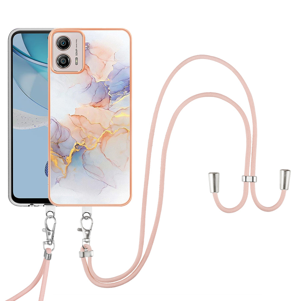 YB IMD Series-4 for Motorola Moto G53 5G / G13 4G Electroplating Case IMD Marble Flower Pattern TPU Phone Cover with Lanyard - Milky Way Marble White
