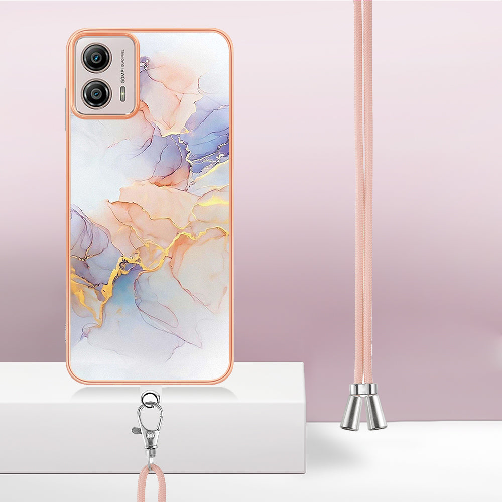 YB IMD Series-4 for Motorola Moto G53 5G / G13 4G Electroplating Case IMD Marble Flower Pattern TPU Phone Cover with Lanyard - Milky Way Marble White