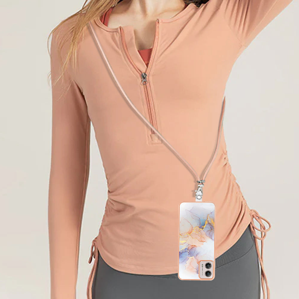 YB IMD Series-4 for Motorola Moto G53 5G / G13 4G Electroplating Case IMD Marble Flower Pattern TPU Phone Cover with Lanyard - Milky Way Marble White