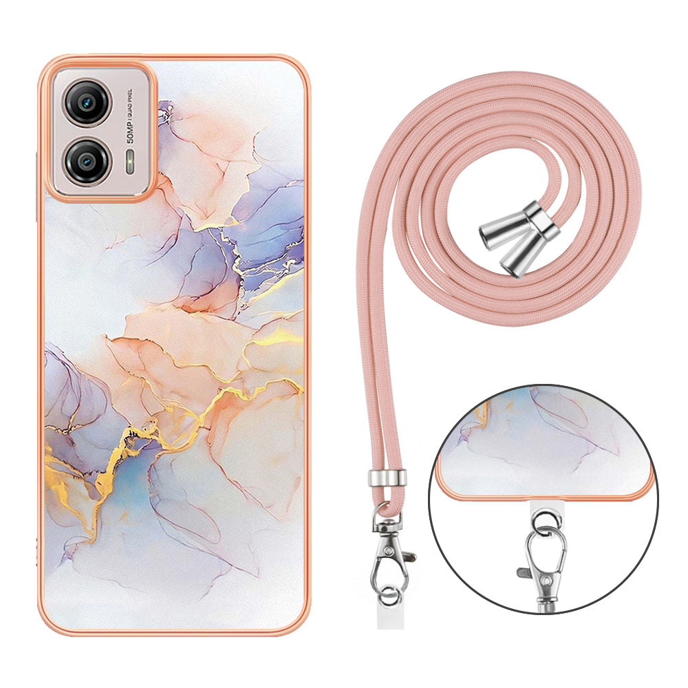 YB IMD Series-4 for Motorola Moto G53 5G / G13 4G Electroplating Case IMD Marble Flower Pattern TPU Phone Cover with Lanyard - Milky Way Marble White