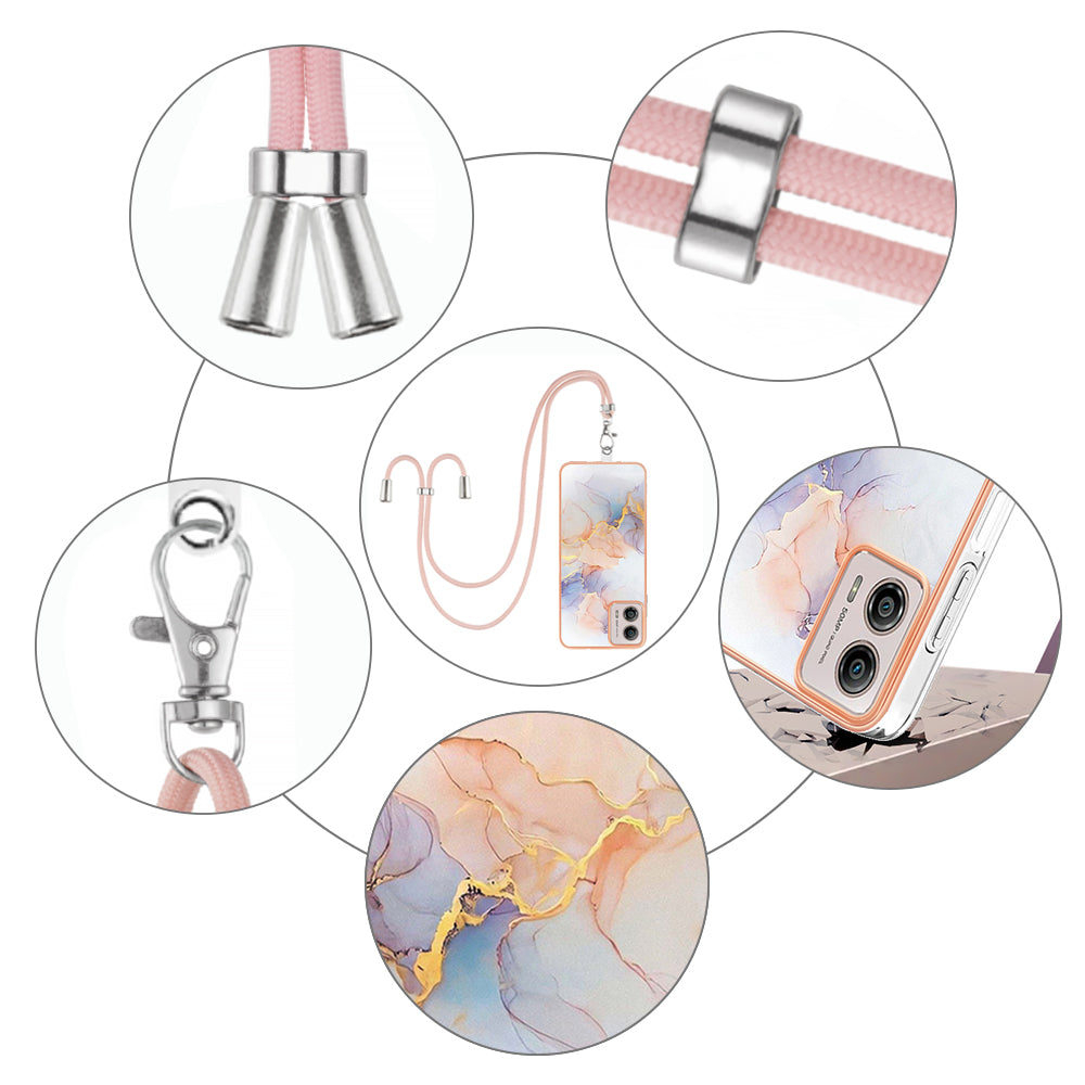 YB IMD Series-4 for Motorola Moto G53 5G / G13 4G Electroplating Case IMD Marble Flower Pattern TPU Phone Cover with Lanyard - Milky Way Marble White