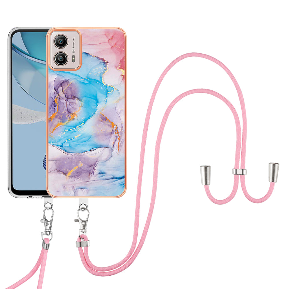YB IMD Series-4 for Motorola Moto G53 5G / G13 4G Electroplating Case IMD Marble Flower Pattern TPU Phone Cover with Lanyard - Milky Way Marble Blue