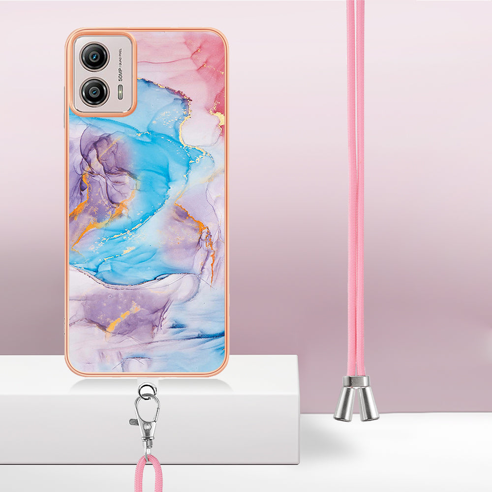 YB IMD Series-4 for Motorola Moto G53 5G / G13 4G Electroplating Case IMD Marble Flower Pattern TPU Phone Cover with Lanyard - Milky Way Marble Blue