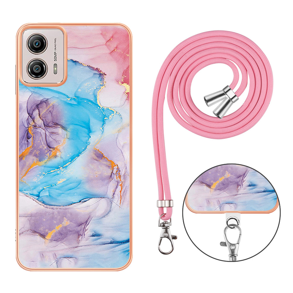 YB IMD Series-4 for Motorola Moto G53 5G / G13 4G Electroplating Case IMD Marble Flower Pattern TPU Phone Cover with Lanyard - Milky Way Marble Blue