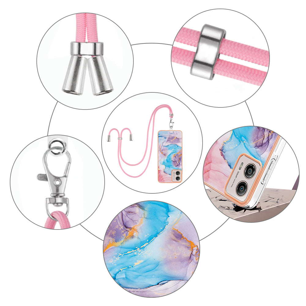 YB IMD Series-4 for Motorola Moto G53 5G / G13 4G Electroplating Case IMD Marble Flower Pattern TPU Phone Cover with Lanyard - Milky Way Marble Blue