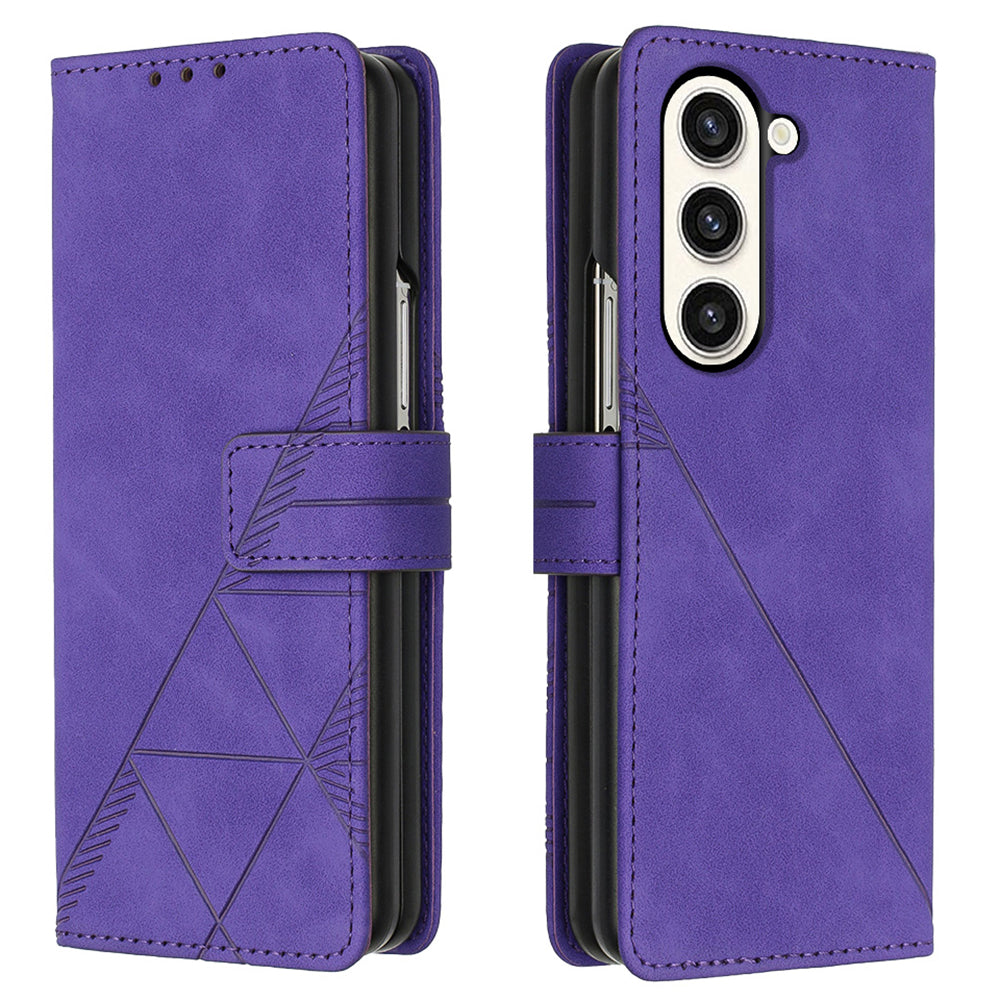 YB Imprinting Series-1 for Samsung Galaxy Z Fold5 5G Leather Phone Cover Wallet Stand Imprinted Case - Purple