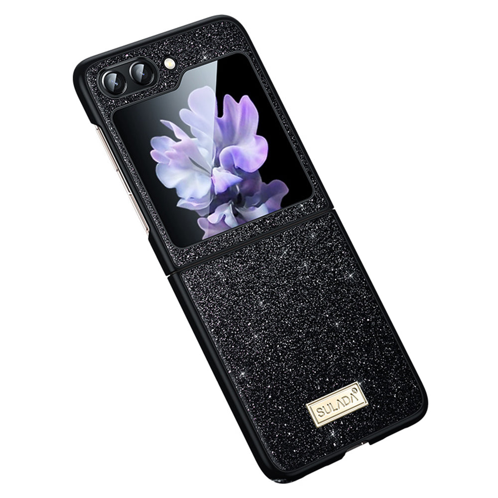 Uniqkart For Samsung Galaxy Z Flip5 5G Glitter Sequins Shiny Case PU Leather Coated PC + TPU Anti Slip Shockproof Cover - Black