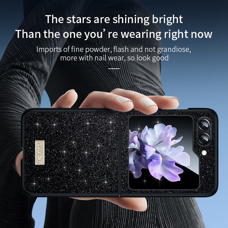 Uniqkart For Samsung Galaxy Z Flip5 5G Glitter Sequins Shiny Case PU Leather Coated PC + TPU Anti Slip Shockproof Cover - Black