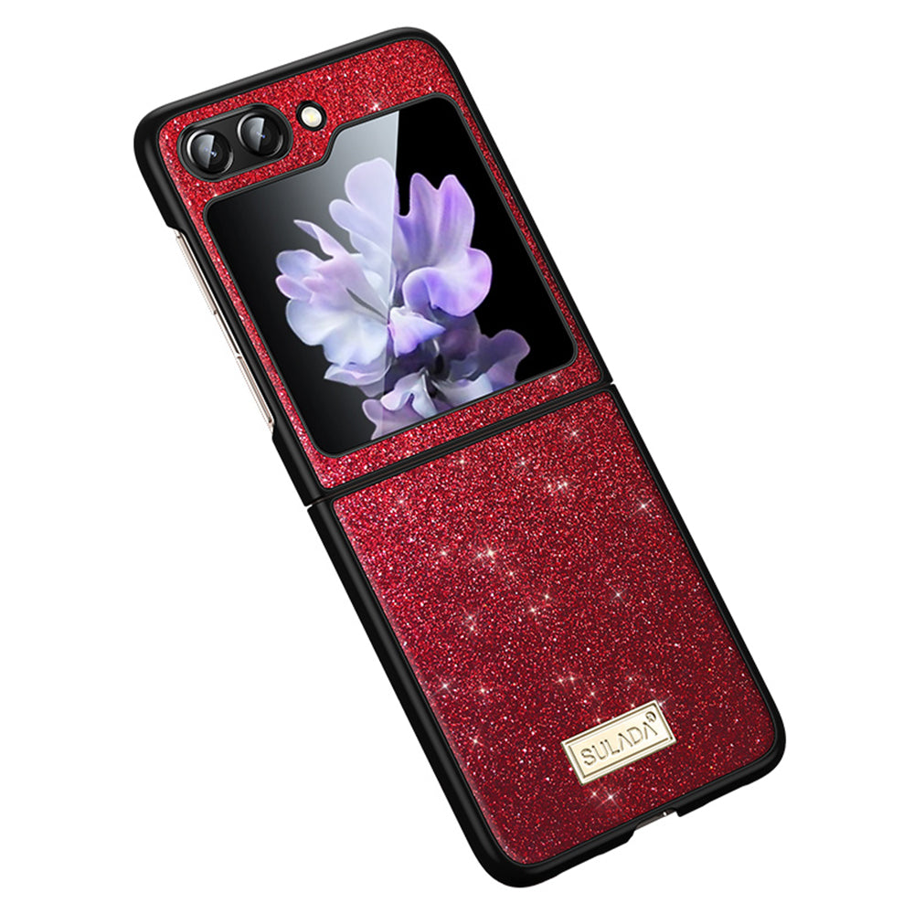 Uniqkart For Samsung Galaxy Z Flip5 5G Glitter Sequins Shiny Case PU Leather Coated PC + TPU Anti Slip Shockproof Cover - Red