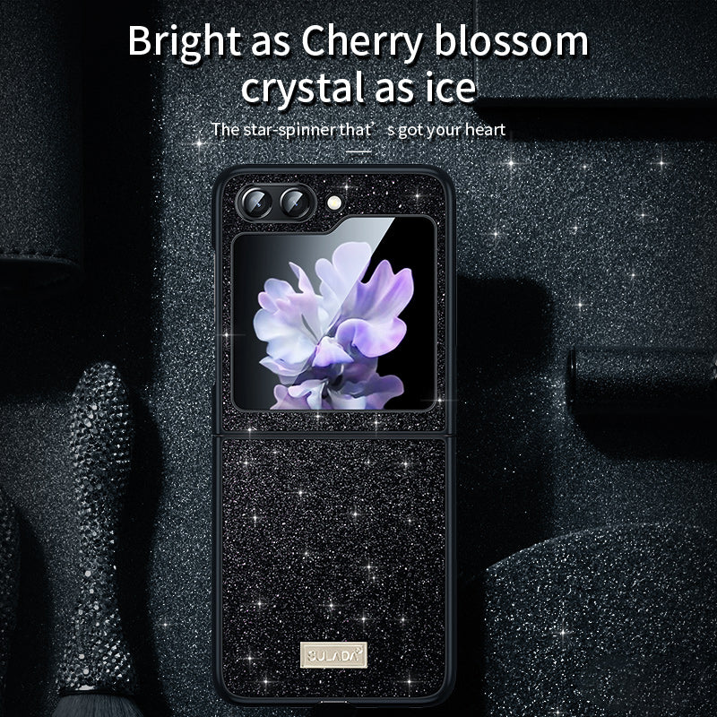 Uniqkart For Samsung Galaxy Z Flip5 5G Glitter Sequins Shiny Case PU Leather Coated PC + TPU Anti Slip Shockproof Cover - Red