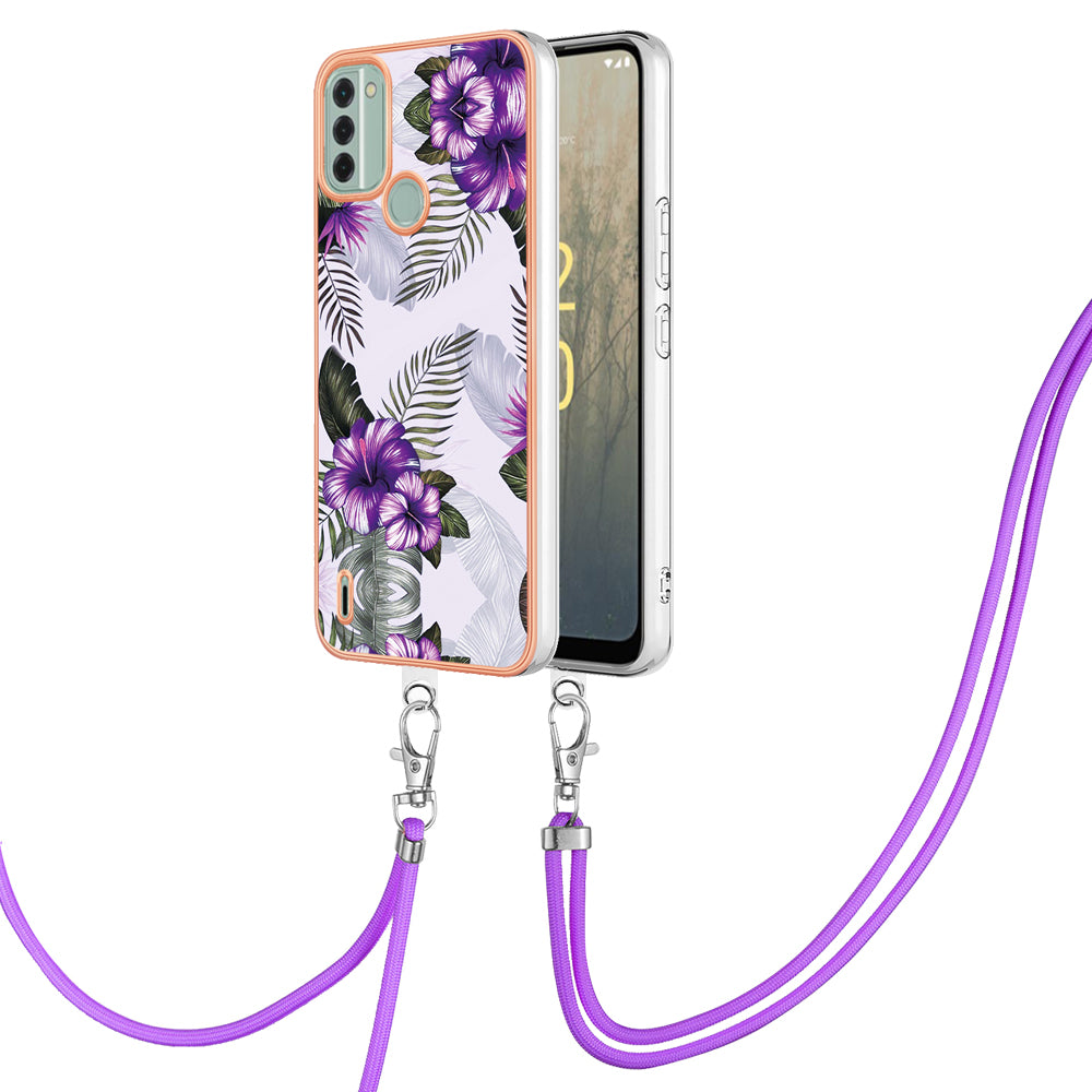 YB IMD Series-4 for Nokia C31 4G Electroplated Marble Flower Pattern Case IMD TPU Phone Cover with Lanyard - Purple Flowers