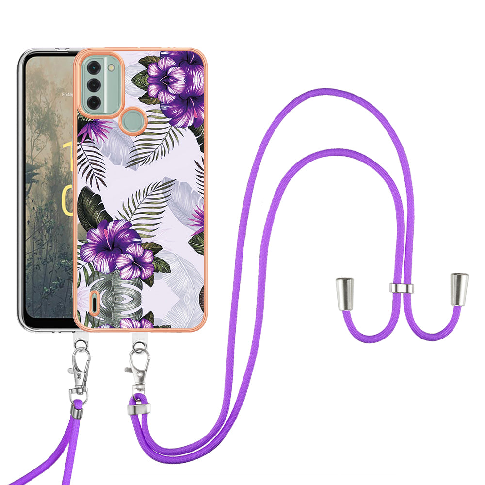 YB IMD Series-4 for Nokia C31 4G Electroplated Marble Flower Pattern Case IMD TPU Phone Cover with Lanyard - Purple Flowers