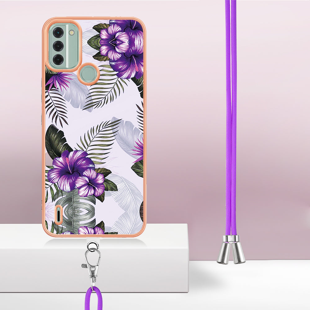 YB IMD Series-4 for Nokia C31 4G Electroplated Marble Flower Pattern Case IMD TPU Phone Cover with Lanyard - Purple Flowers