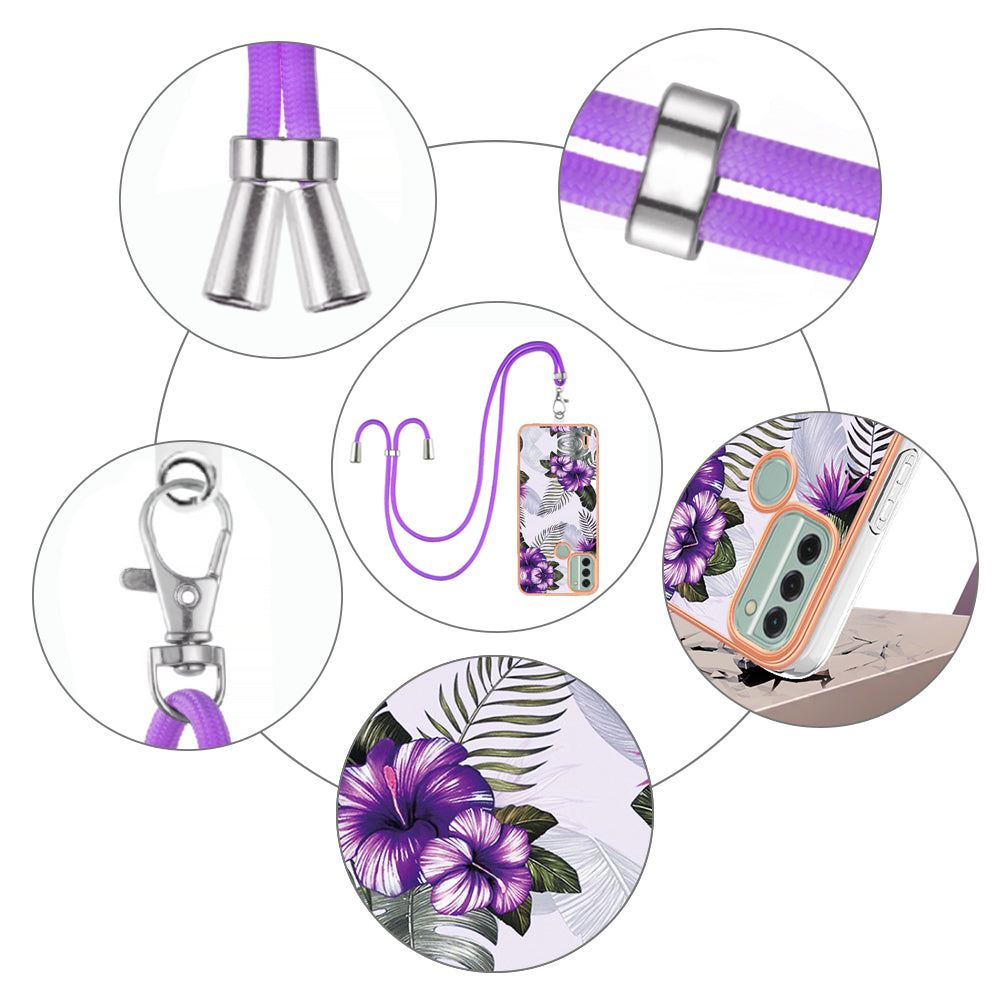 YB IMD Series-4 for Nokia C31 4G Electroplated Marble Flower Pattern Case IMD TPU Phone Cover with Lanyard - Purple Flowers